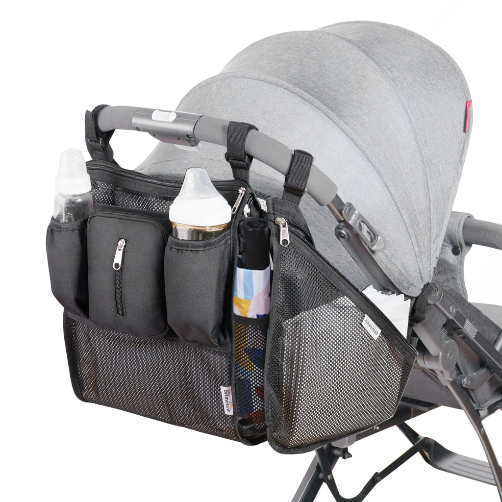Front view of SUNVENO Versatile Mesh Stroller Organizer Set in black