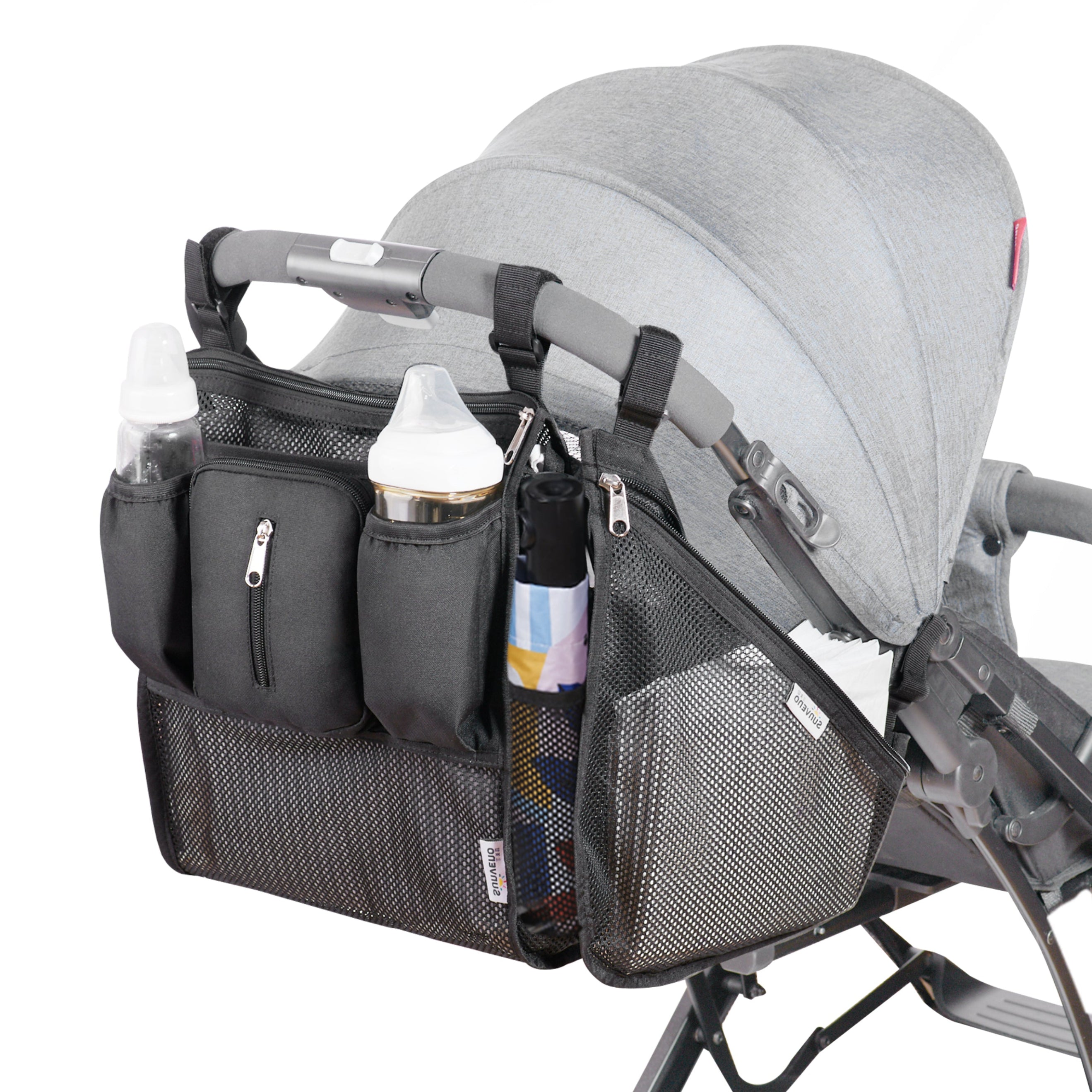 Front view of SUNVENO Versatile Mesh Stroller Organizer Set in black
