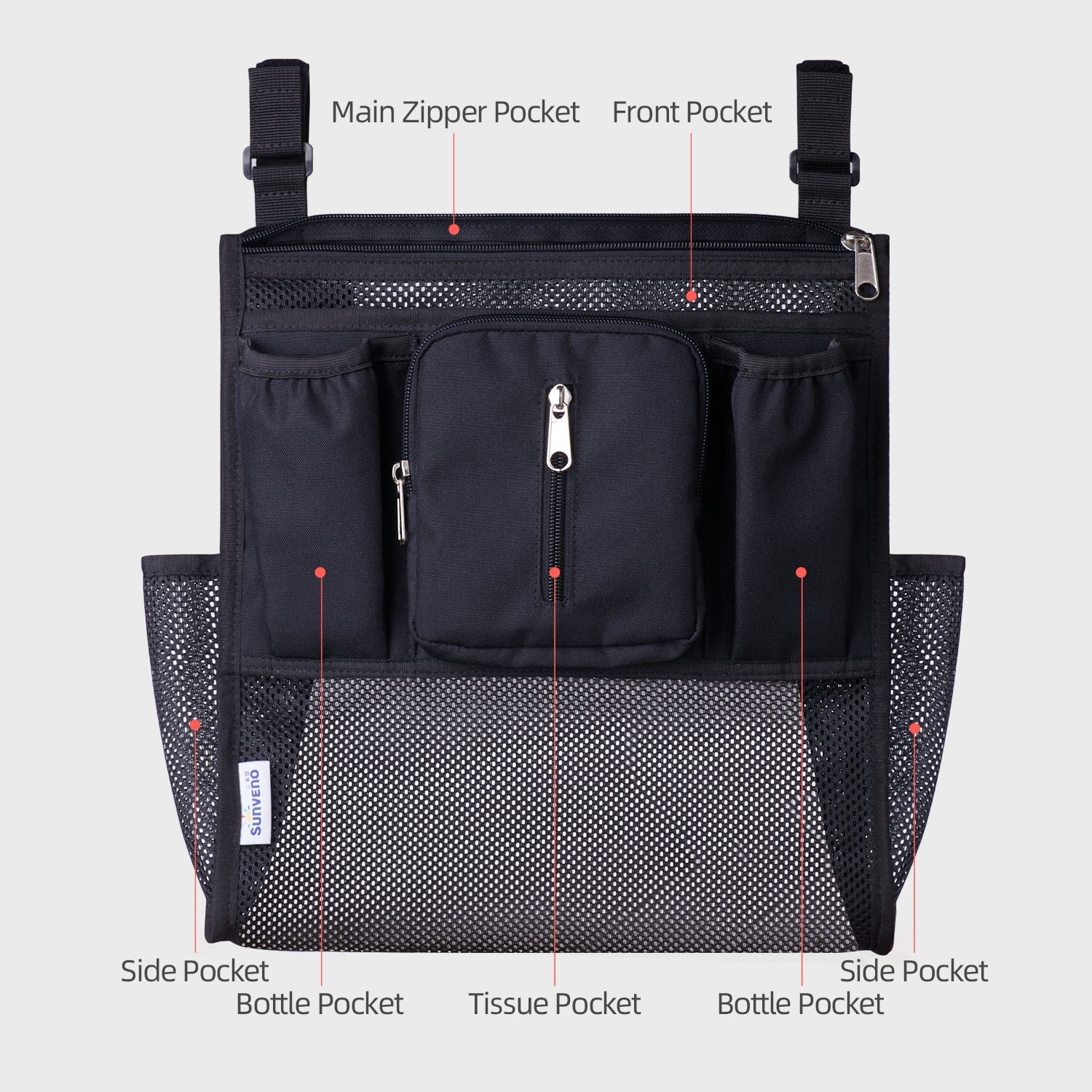 Multiple pockets feature of SUNVENO Mesh Stroller Organizer