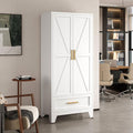 White 2-Door Wardrobe Armoire Cabinet with Storage Drawer and Hanging Rod