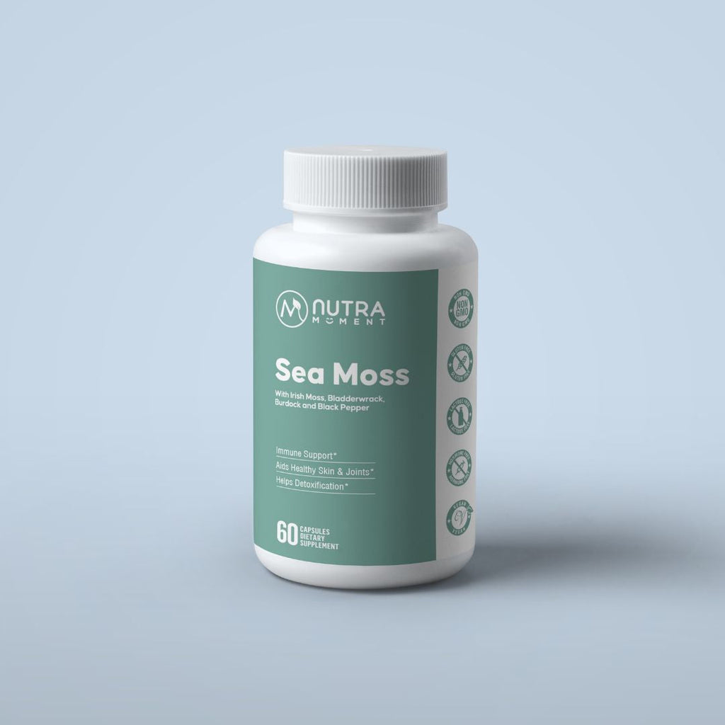 Front view of Nutra Moment Organic Sea Moss in a clear jar