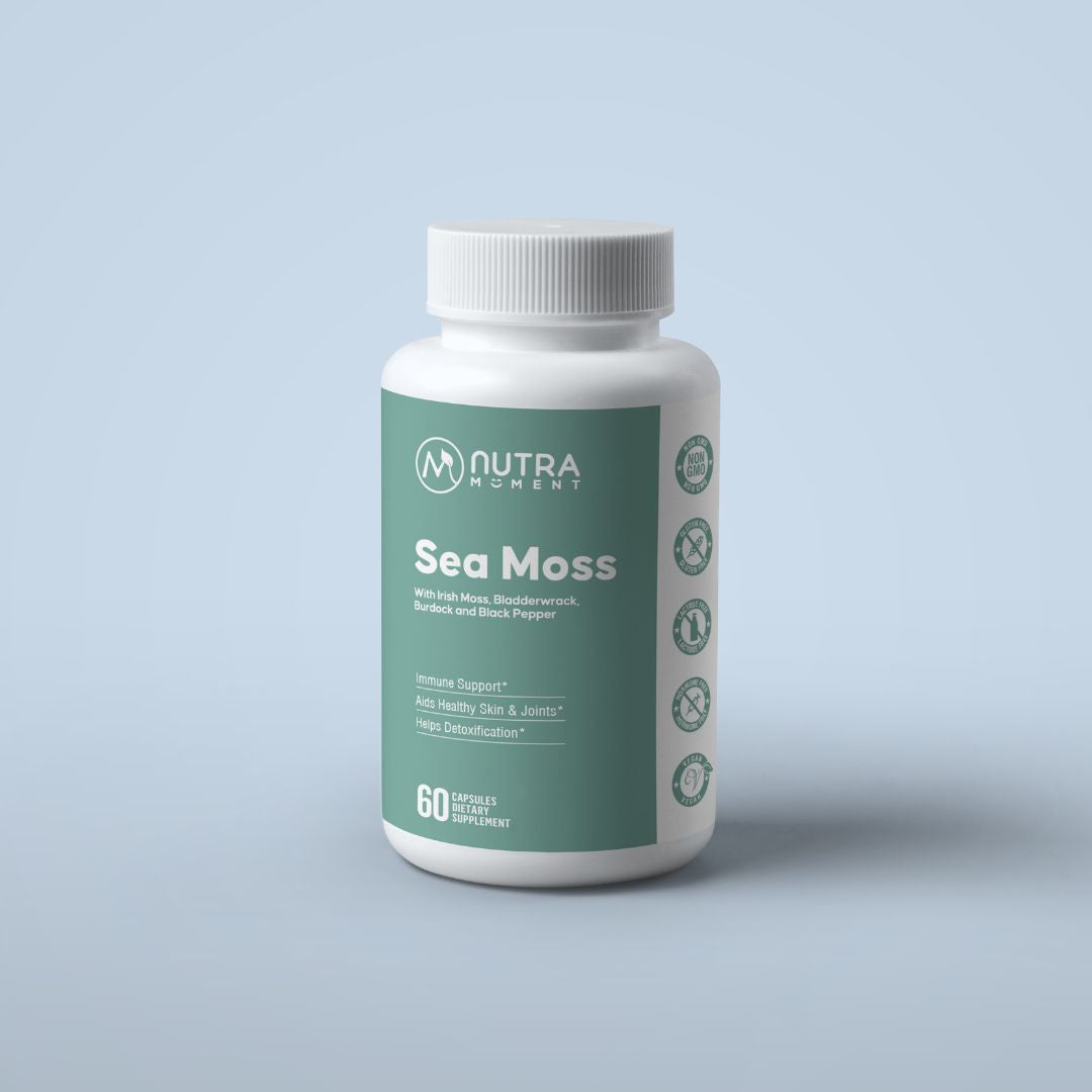 Front view of Nutra Moment Organic Sea Moss in a clear jar