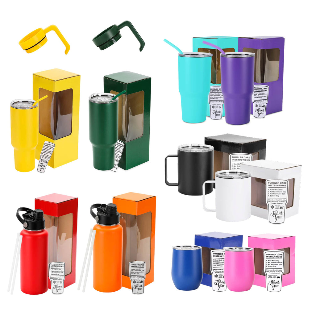 Close-up of powder coated tumblers showcasing vibrant colors by MakerFlo