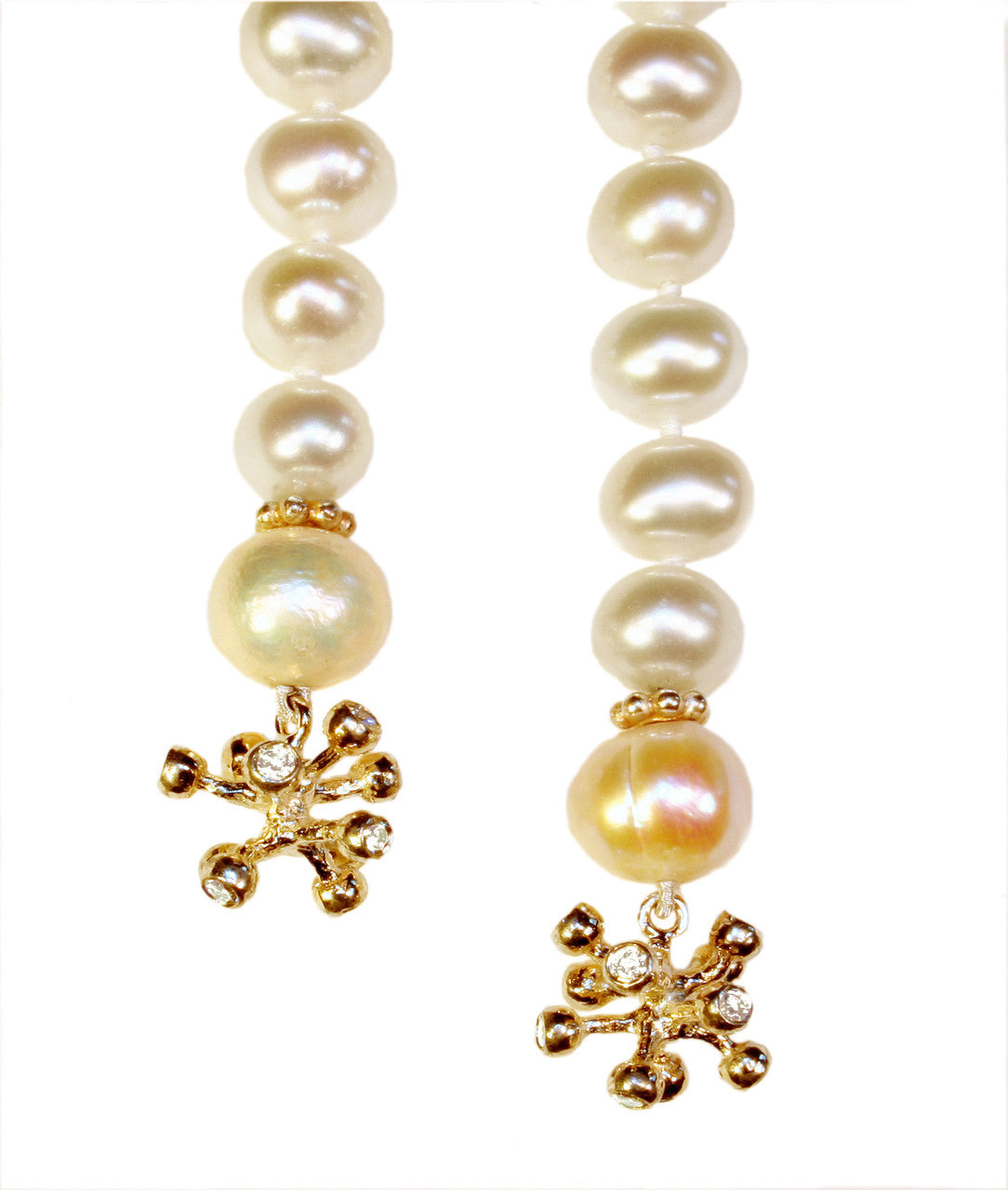 Elegant 18K Pearl Lariat Necklace with diamond starburst accents by Jane A Gordon