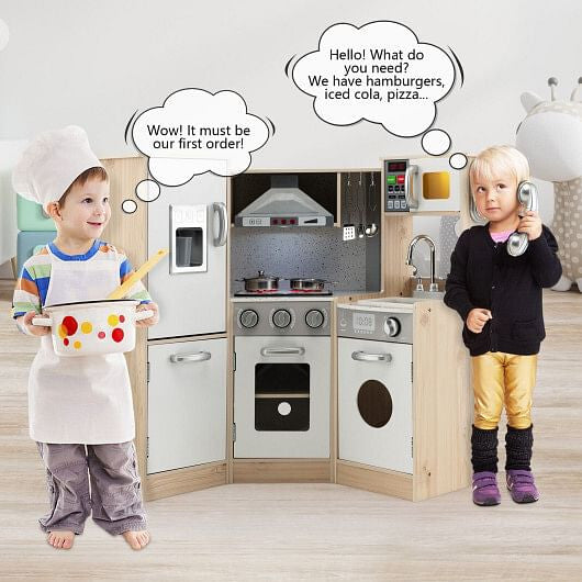 Front view of Gobingya Kids Wooden Kitchen Playset showcasing the stove