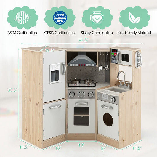 Close-up of Gobingya Kids Wooden Kitchen Playset oven and microwave features