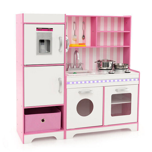 Front view of Gobingya Kids Wooden Kitchen Playset with LED lights