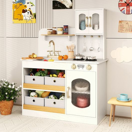 Top view of organized storage in Gobingya Kids Kitchen Playset