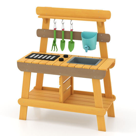 View of Gobingya Outdoor Wooden Mud Kitchen with gardening tools included