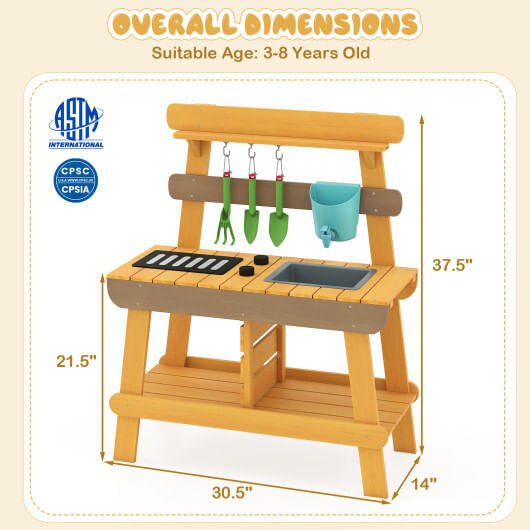 Front view of Gobingya Outdoor Wooden Mud Kitchen for kids in yellow