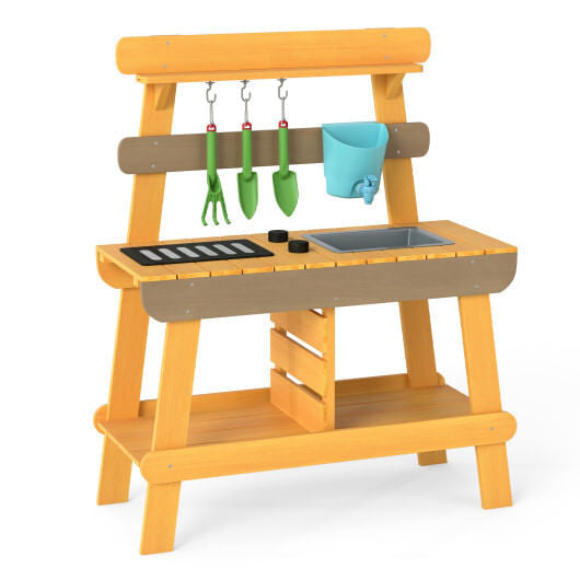 Side angle of Gobingya Outdoor Wooden Mud Kitchen showcasing grill and sink