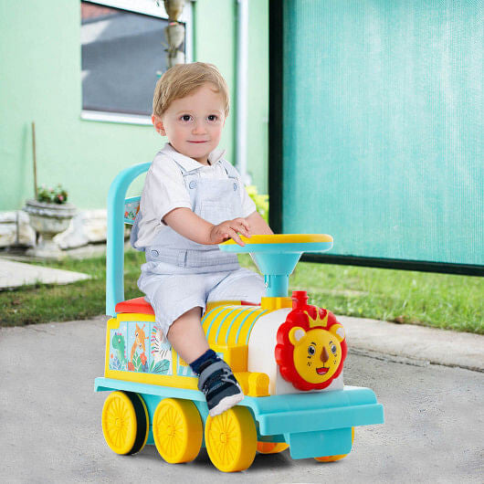 Close-up of Gobingya 6V Electric Kids Train cabin and steering wheel