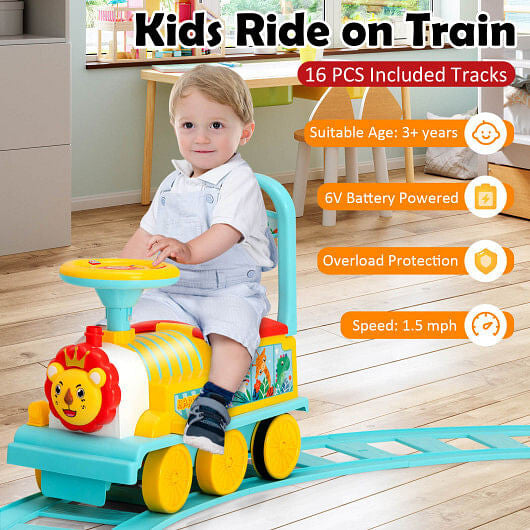 Gobingya 6V Electric Kids Train on colorful tracks in outdoor setting