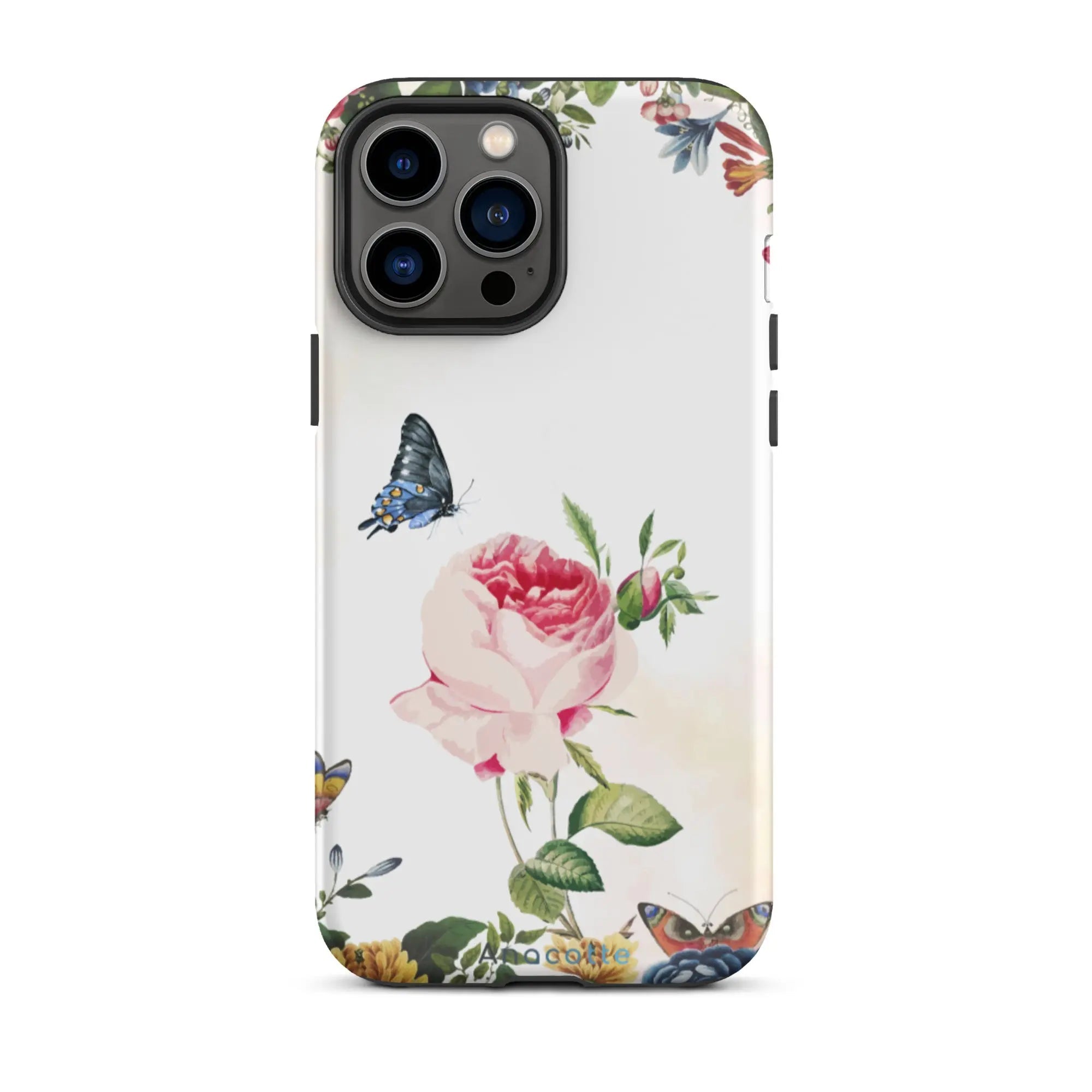 Flat lay of Vibrant Flower & Butterfly iPhone Case next to flowers