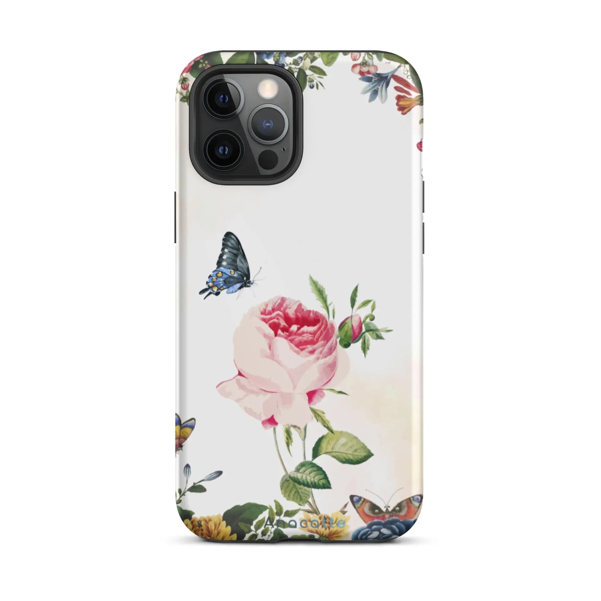 Front view of Vibrant Flower & Butterfly iPhone Case by Anacotte in colorful design