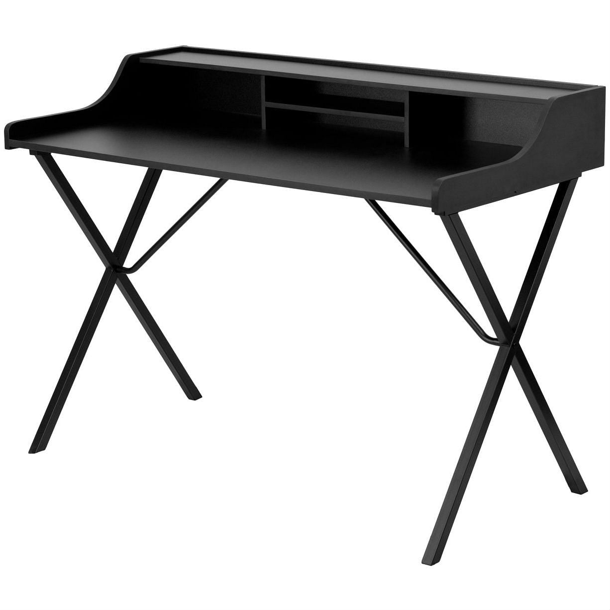 Top view of Sleek Black Office Desk showcasing elevated shelf and organization