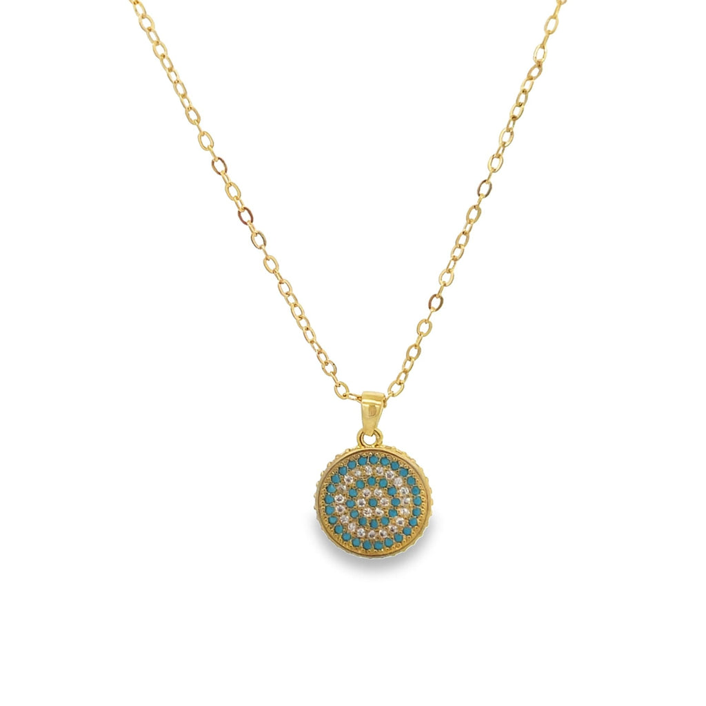 Front view of Coin Medallion Necklace with Blue CZ Stones by MIA Jewelry