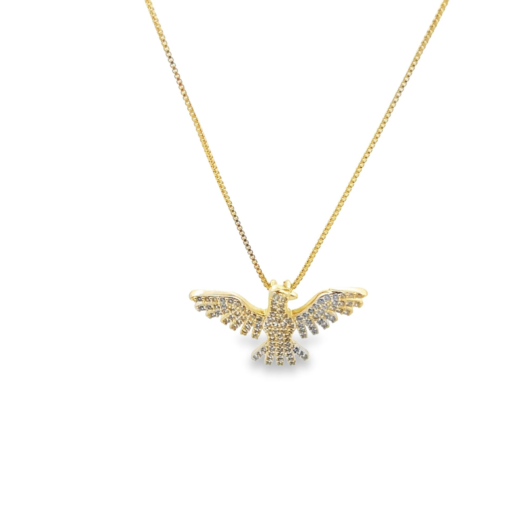Elegant Bird Dove Pendant Necklace with CZ Stones displayed in gold