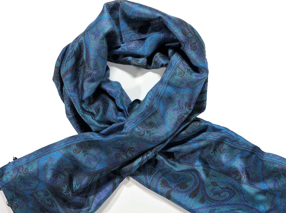 Flat lay of Blue and Green Jamawar Pashmina Scarf by Gobingya
