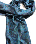 Front view of Blue and Green Jamawar Pashmina Scarf by Gobingya