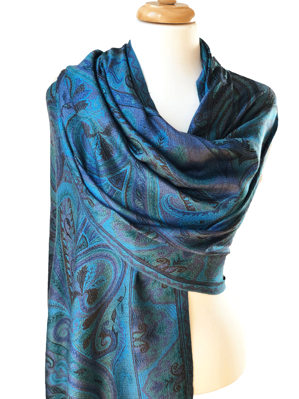 Model elegantly wearing the Blue and Green Jamawar Pashmina Scarf