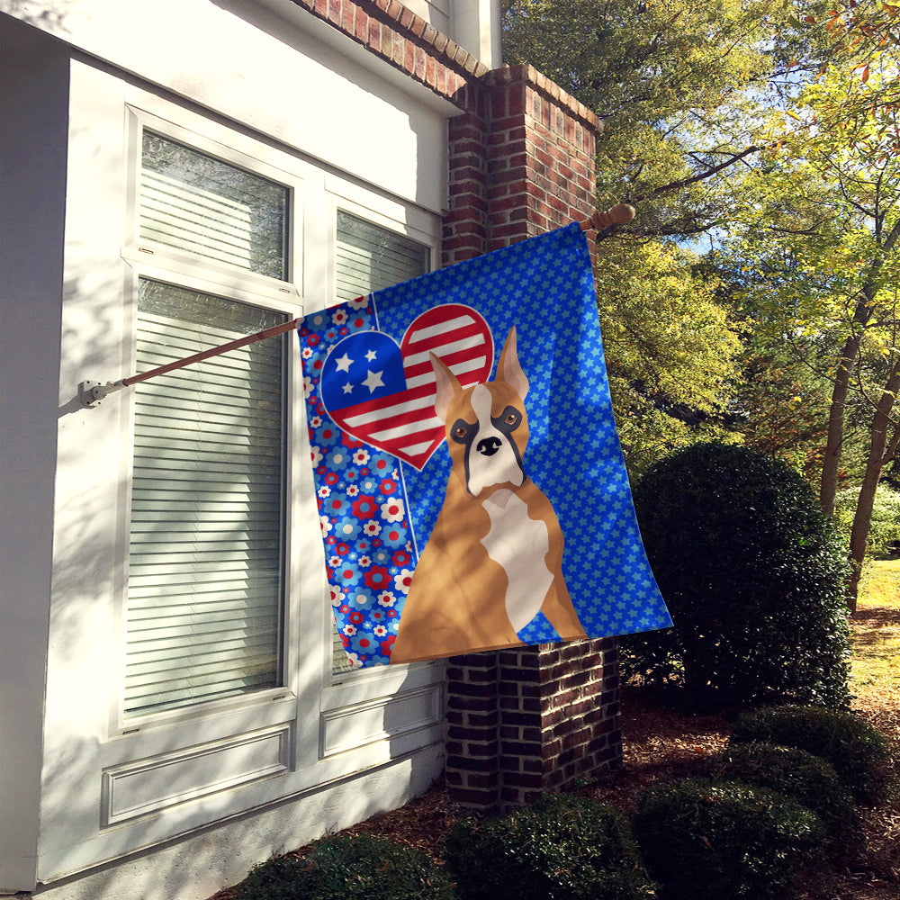 Front view of Fawn Boxer American House Flag hanging outdoors