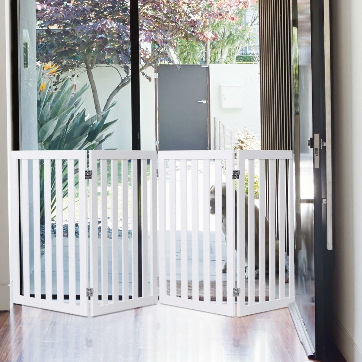 Elegant 4-Panel Folding Dog Gate displayed in a stylish home setting