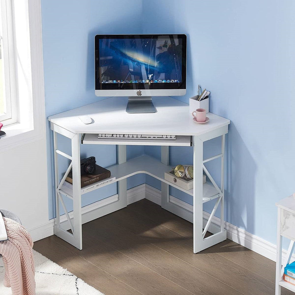 Corner Computer Desk with Keyboard Tray Storage Shelves in White