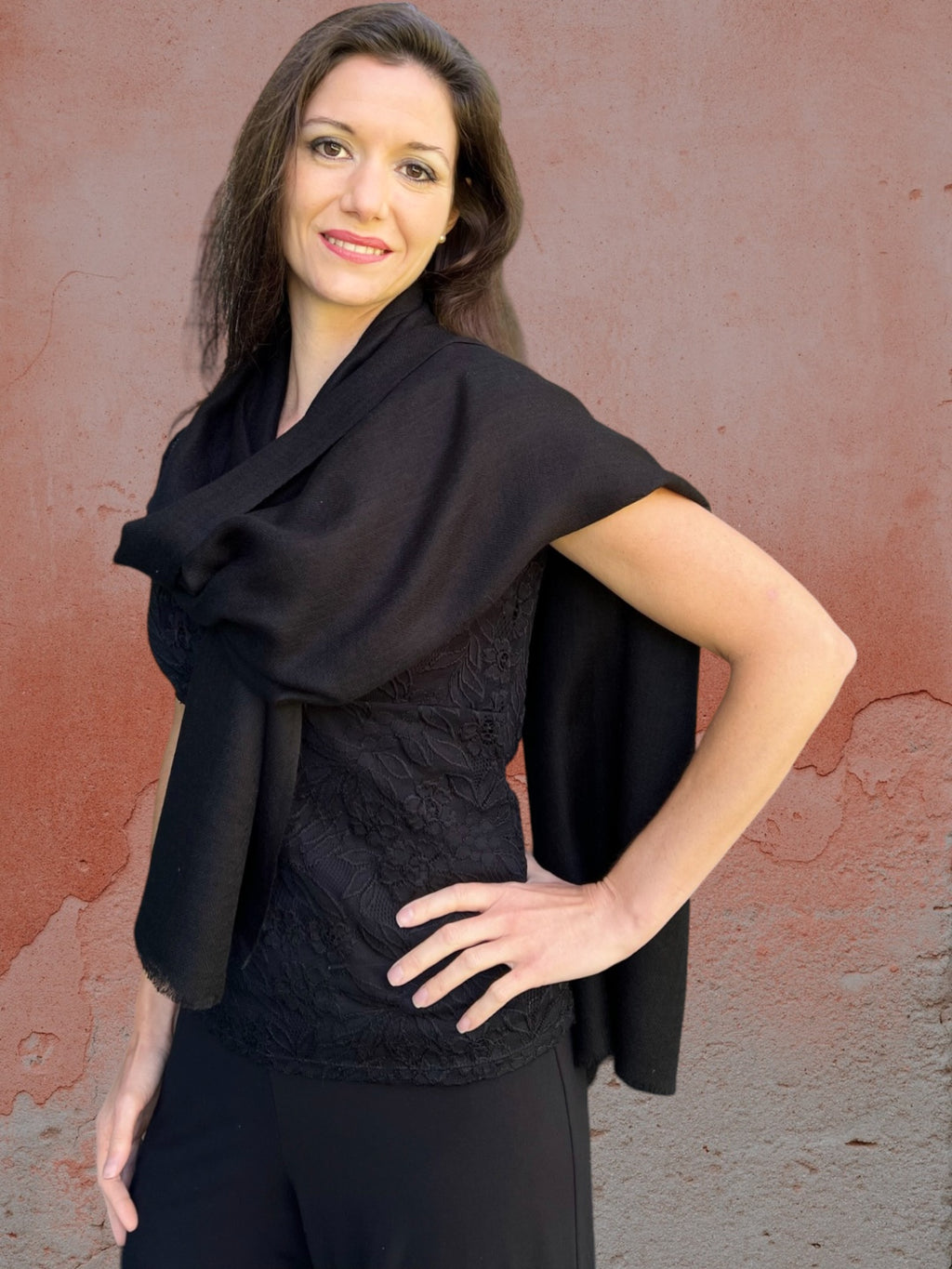 Elegant black cashmere blend scarf with eyelash fringes by Gobingya