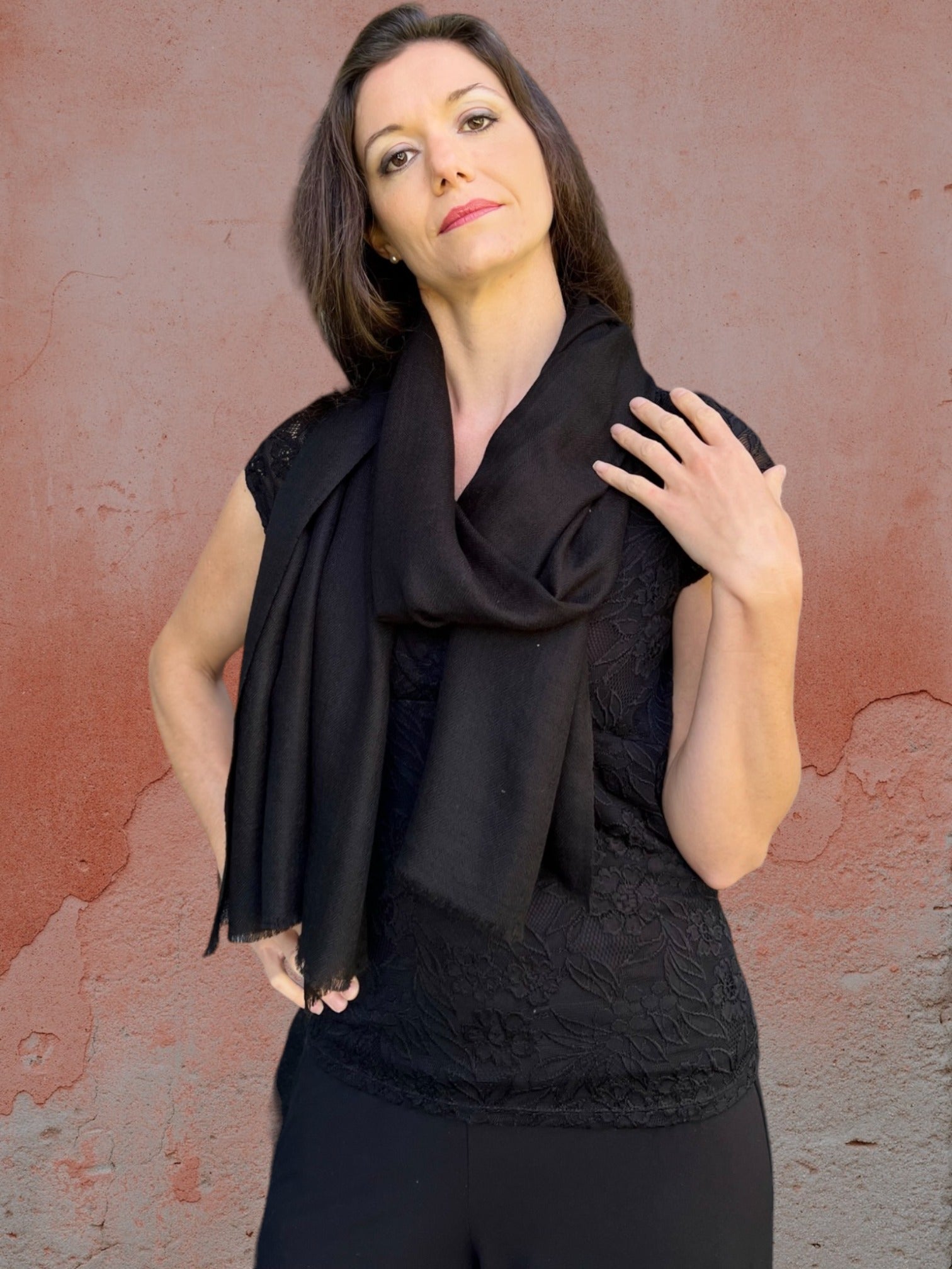 Black Solid Wool Lightweight Scarf