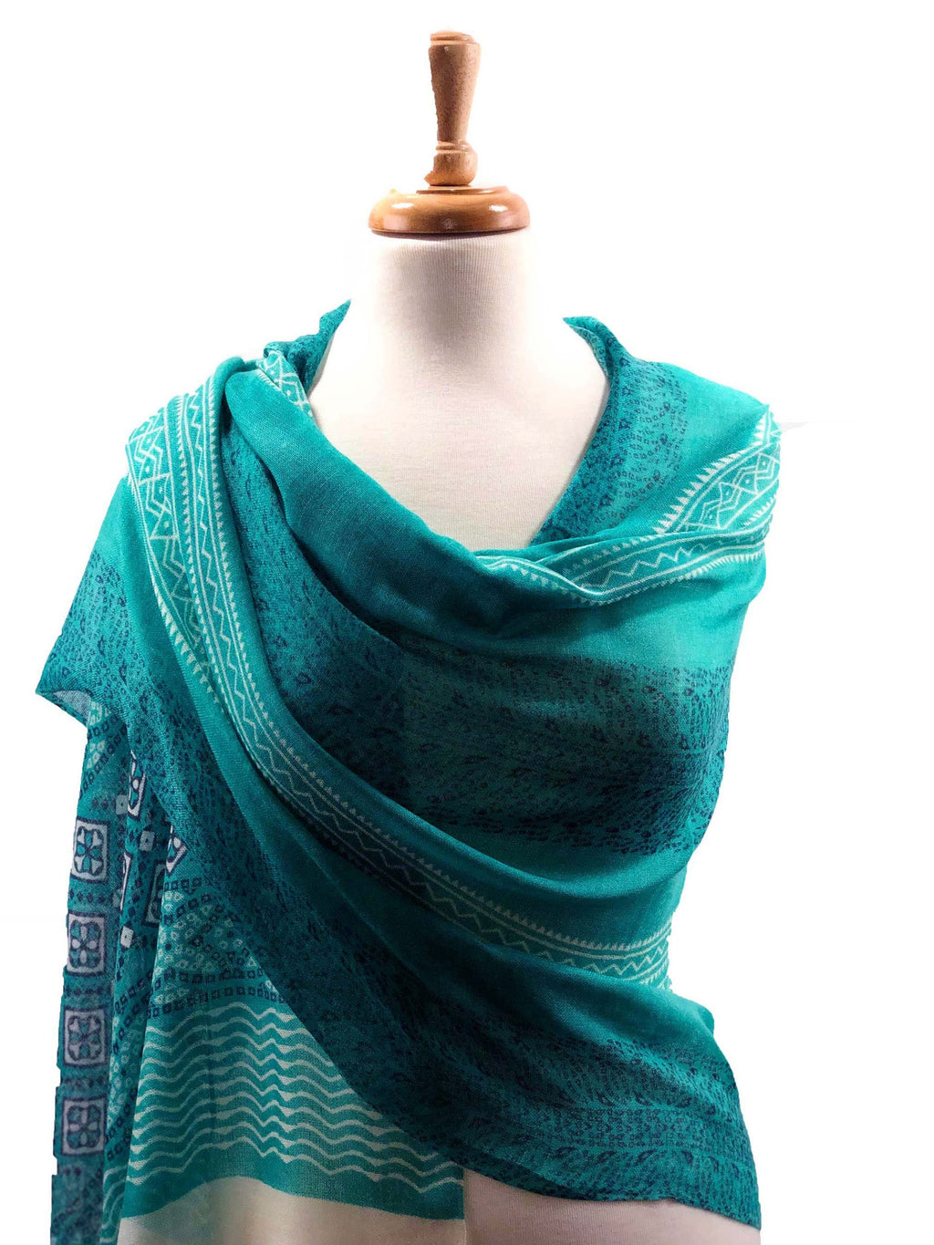 Back view of Luxurious Green Hand-Painted Wool & Silk Blend Scarf by Gobingya