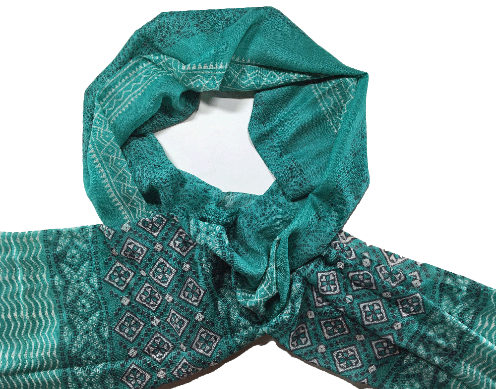 Luxurious Green Hand-Painted Wool & Silk Blend Scarf draped elegantly
