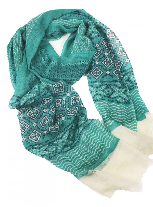 Luxurious Green Hand-Painted Wool & Silk Blend Scarf folded neatly