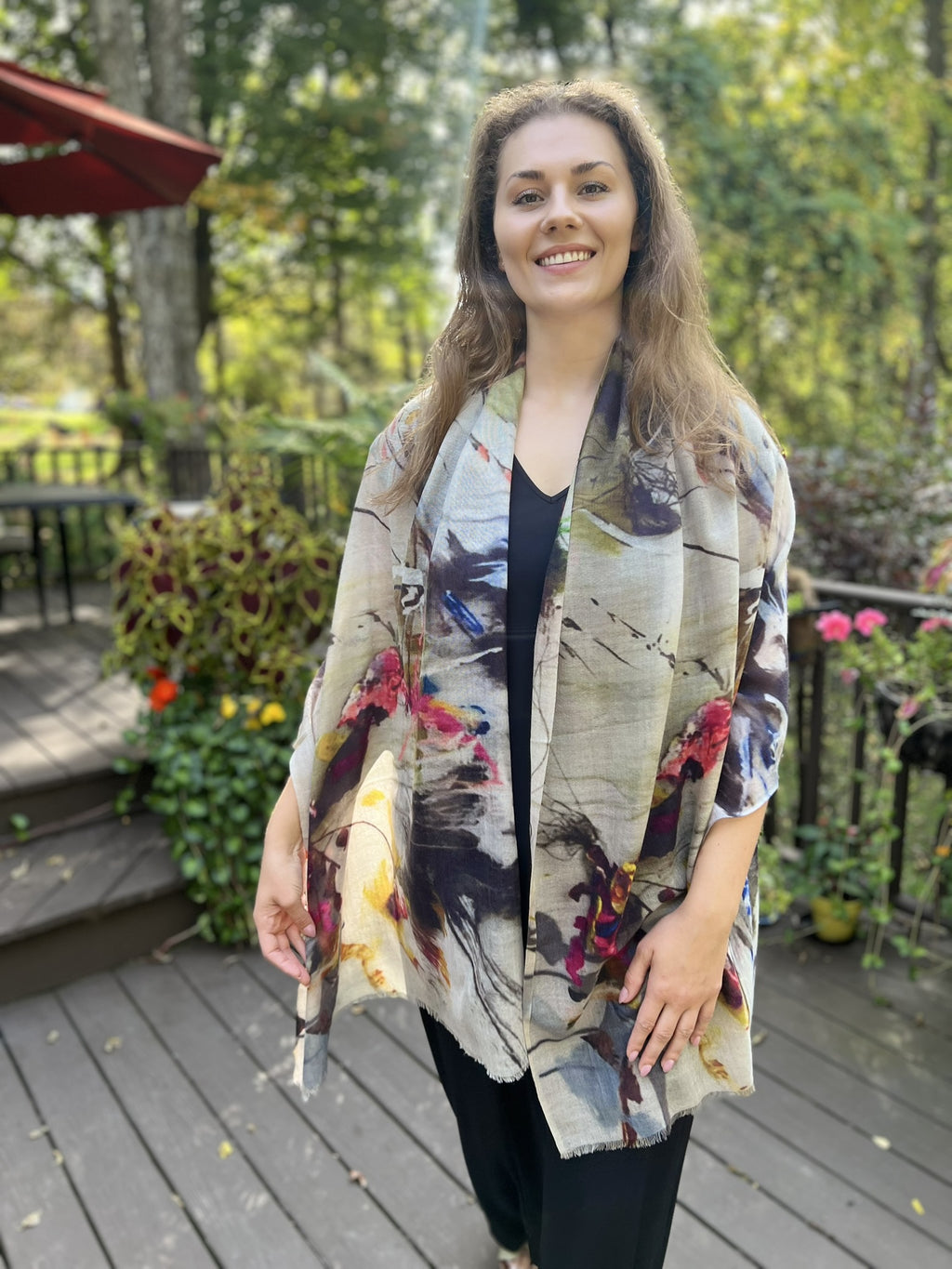 Gray and White Digitally Printed Wool Scarf