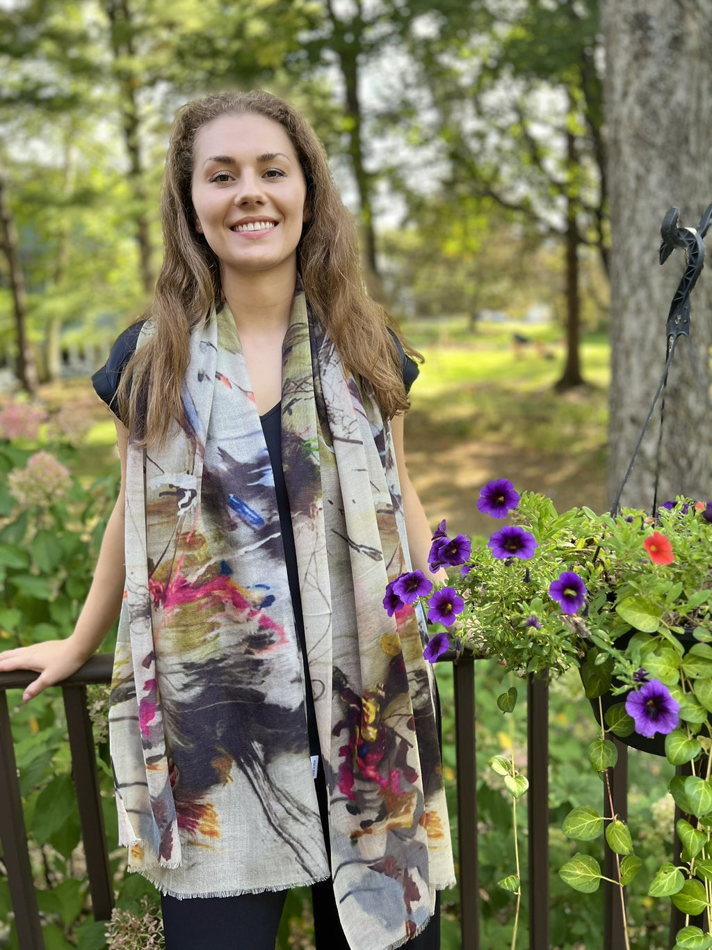 Gray and White Digitally Printed Wool Scarf