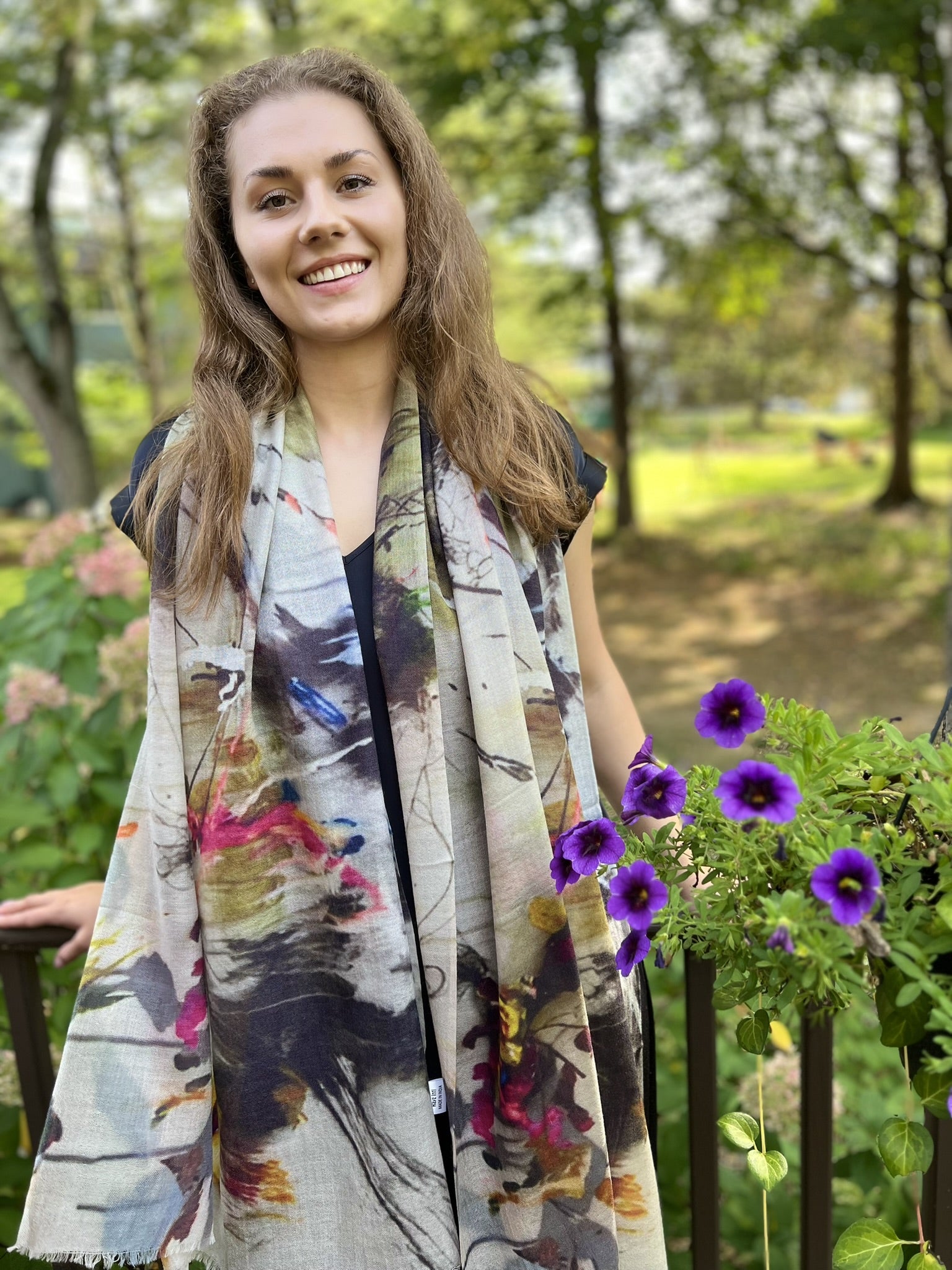 Front view of Gray and White Abstract Wool Scarf by Gobingya