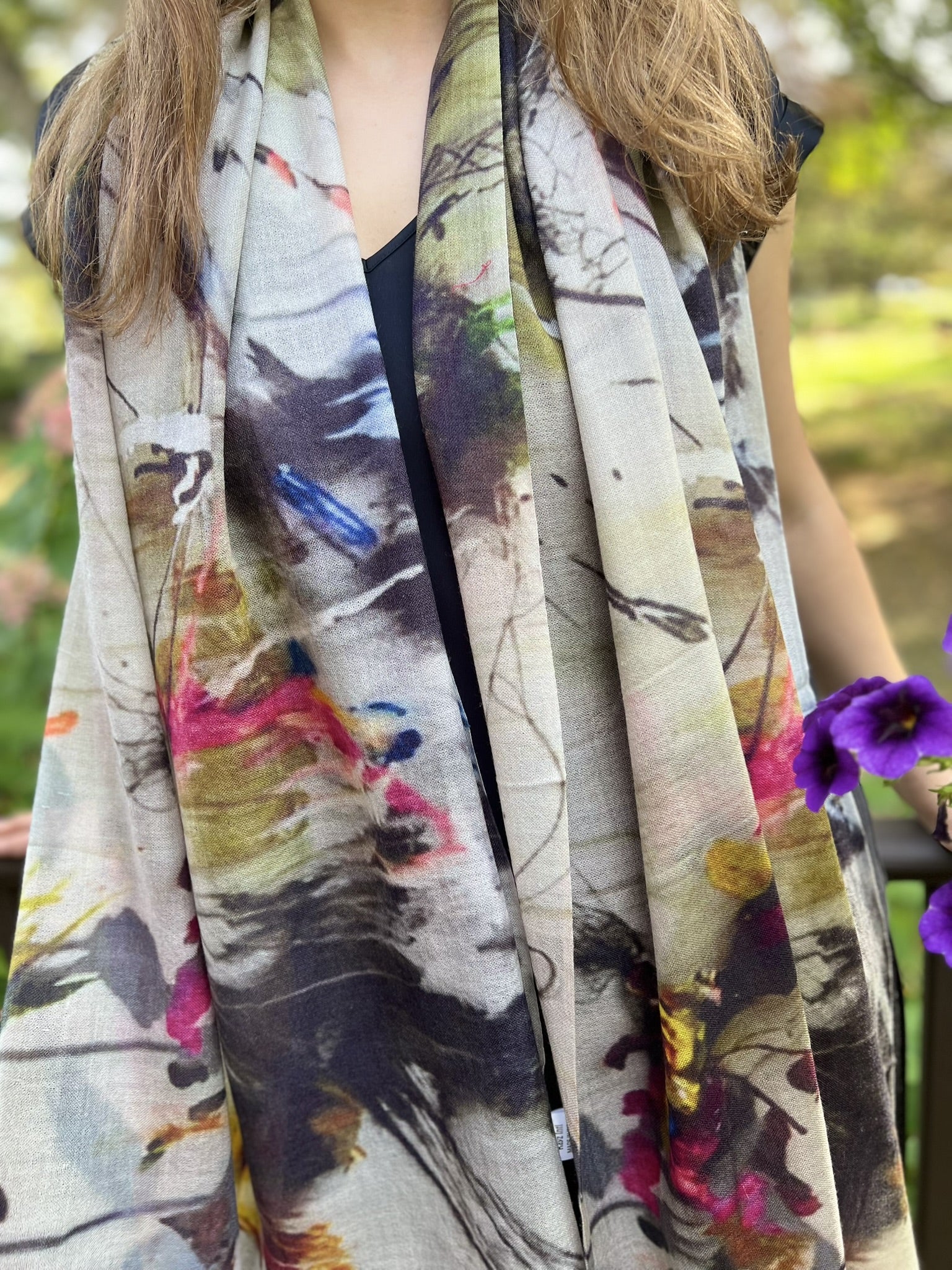 Close-up of the soft texture of Gray and White Abstract Wool Scarf