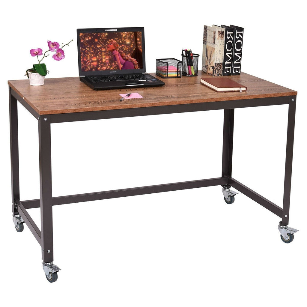 Side view of Industrial Style Computer Desk with Locking Wheels by FastFurnishings