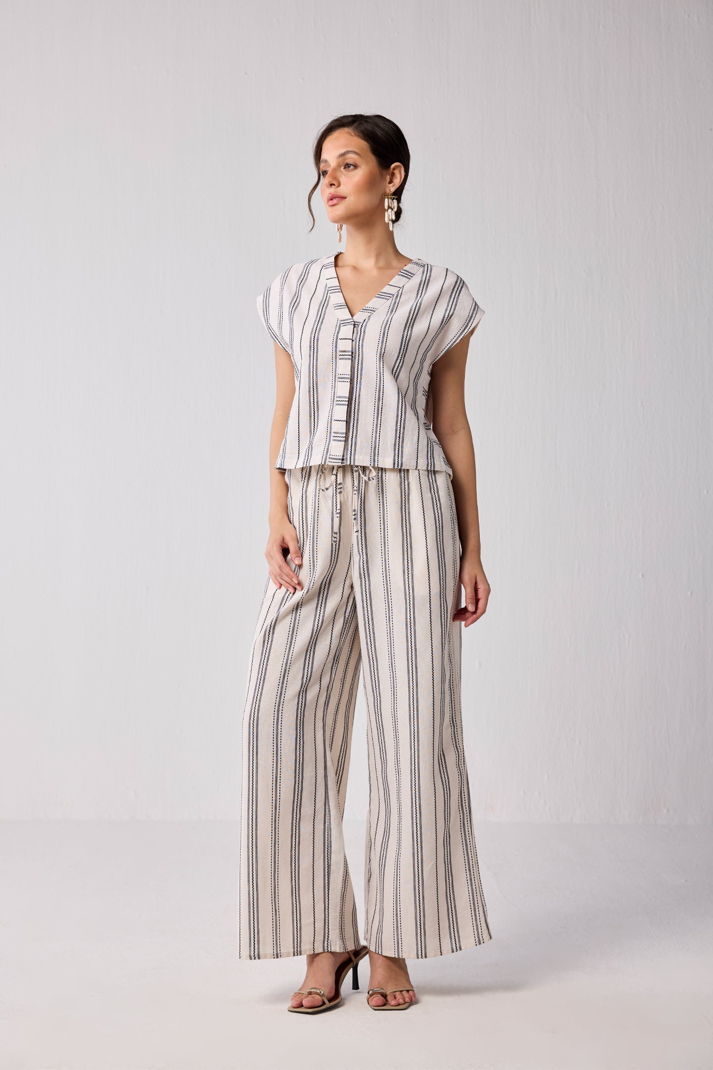 Striped Matching Set with Wide-Leg Pants and V-neck Top