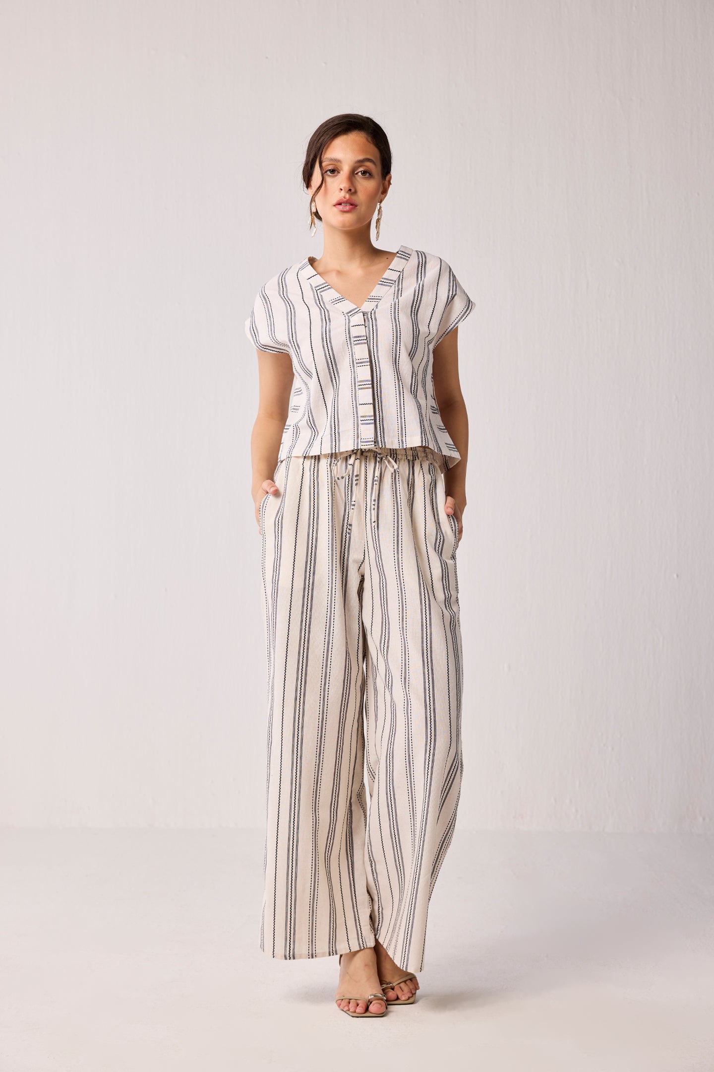 Striped Matching Set with Wide-Leg Pants and V-neck Top