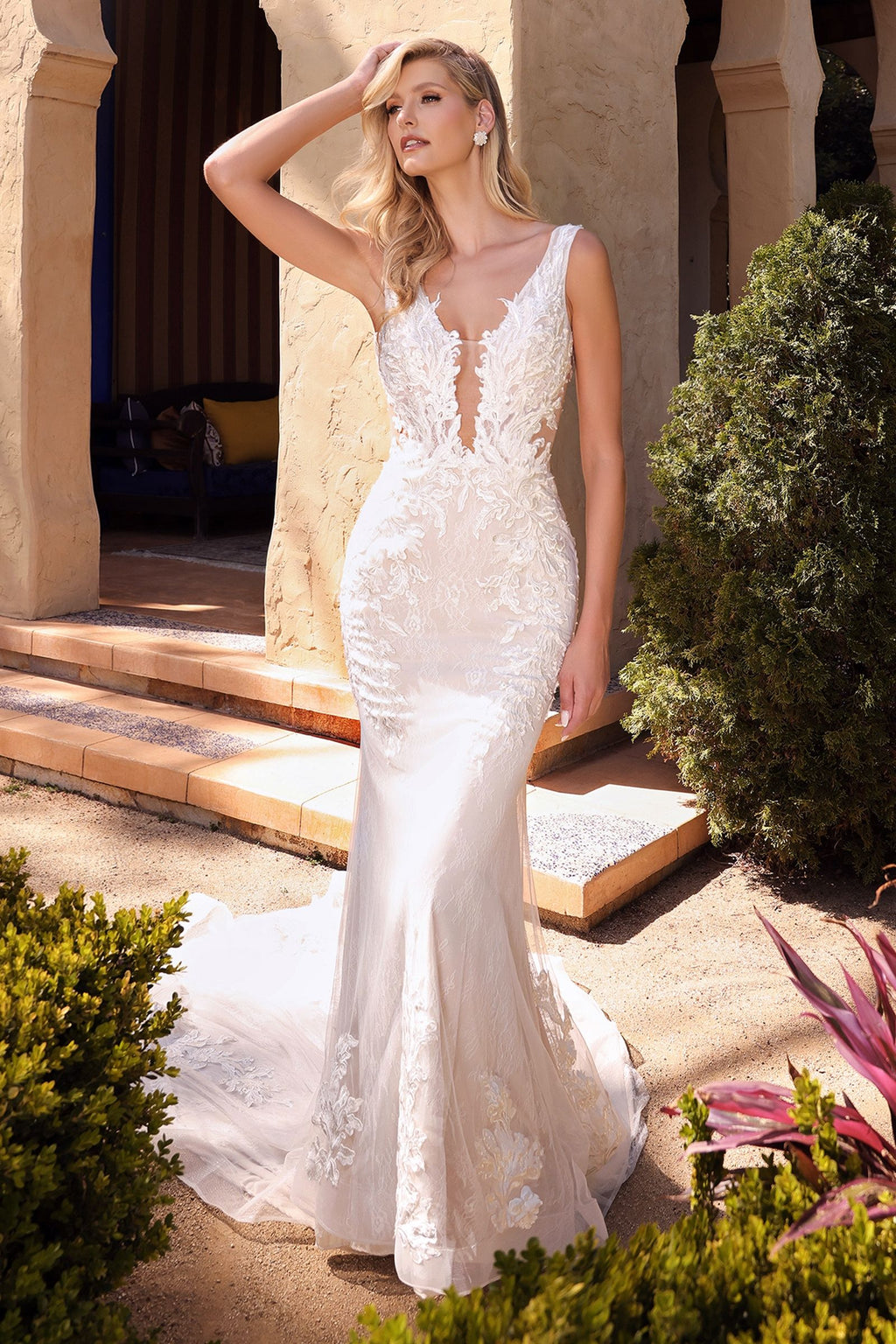Front view of Avery Lace Wedding Gown by Tux-USA showcasing lace details