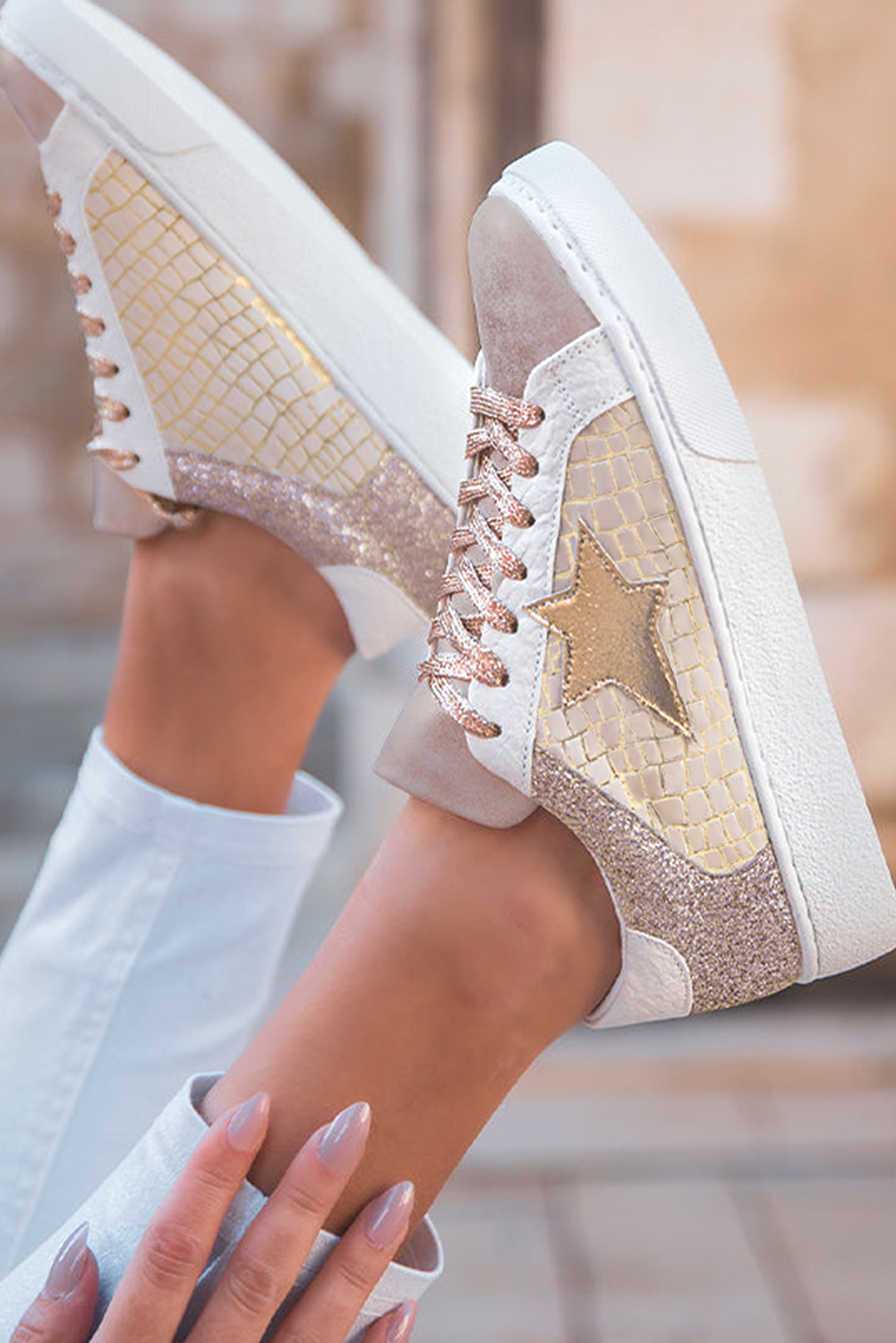 Back view showcasing the design of Gold Star Lace-Up Sneakers