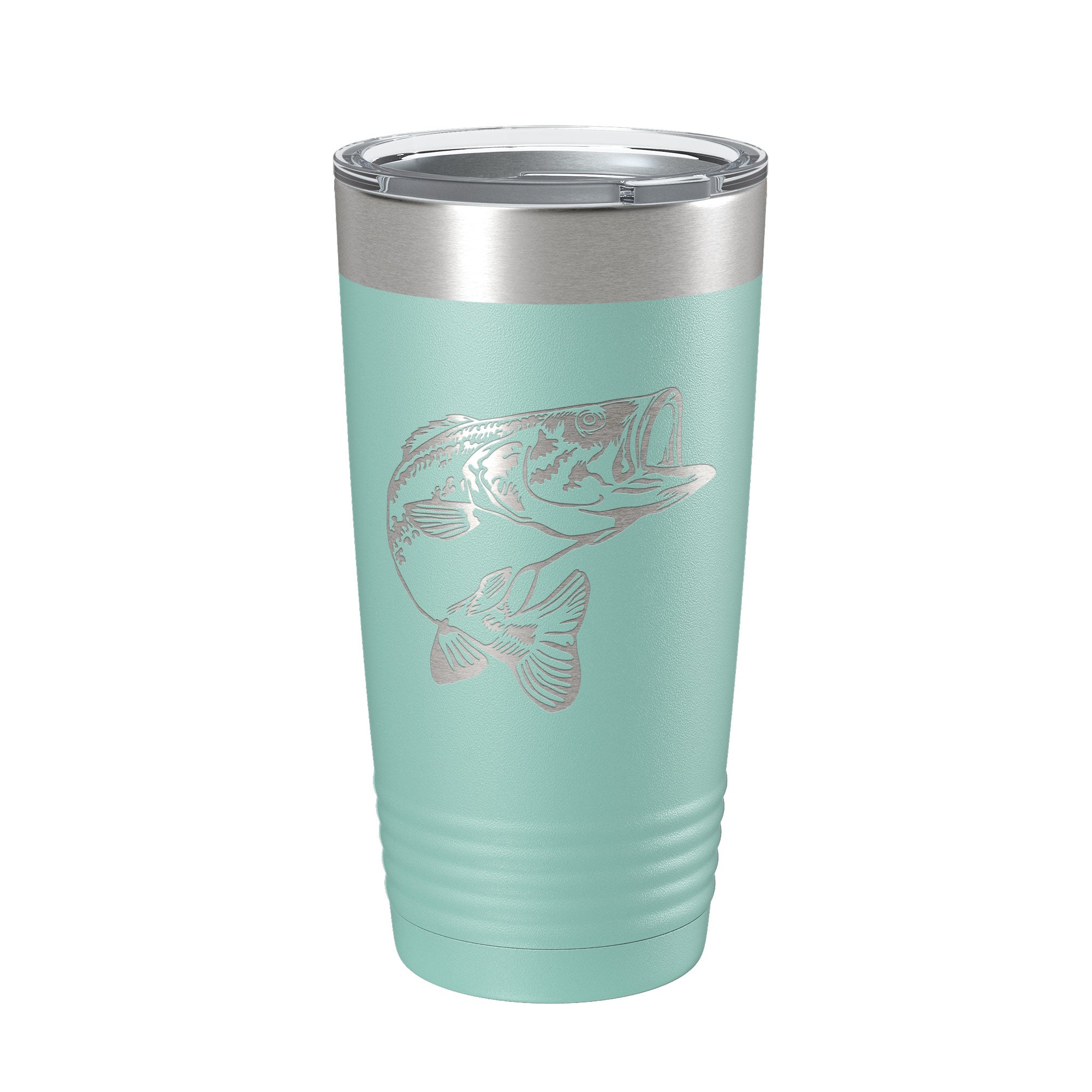Insulated Bass Fishing Tumbler beside a fishing rod