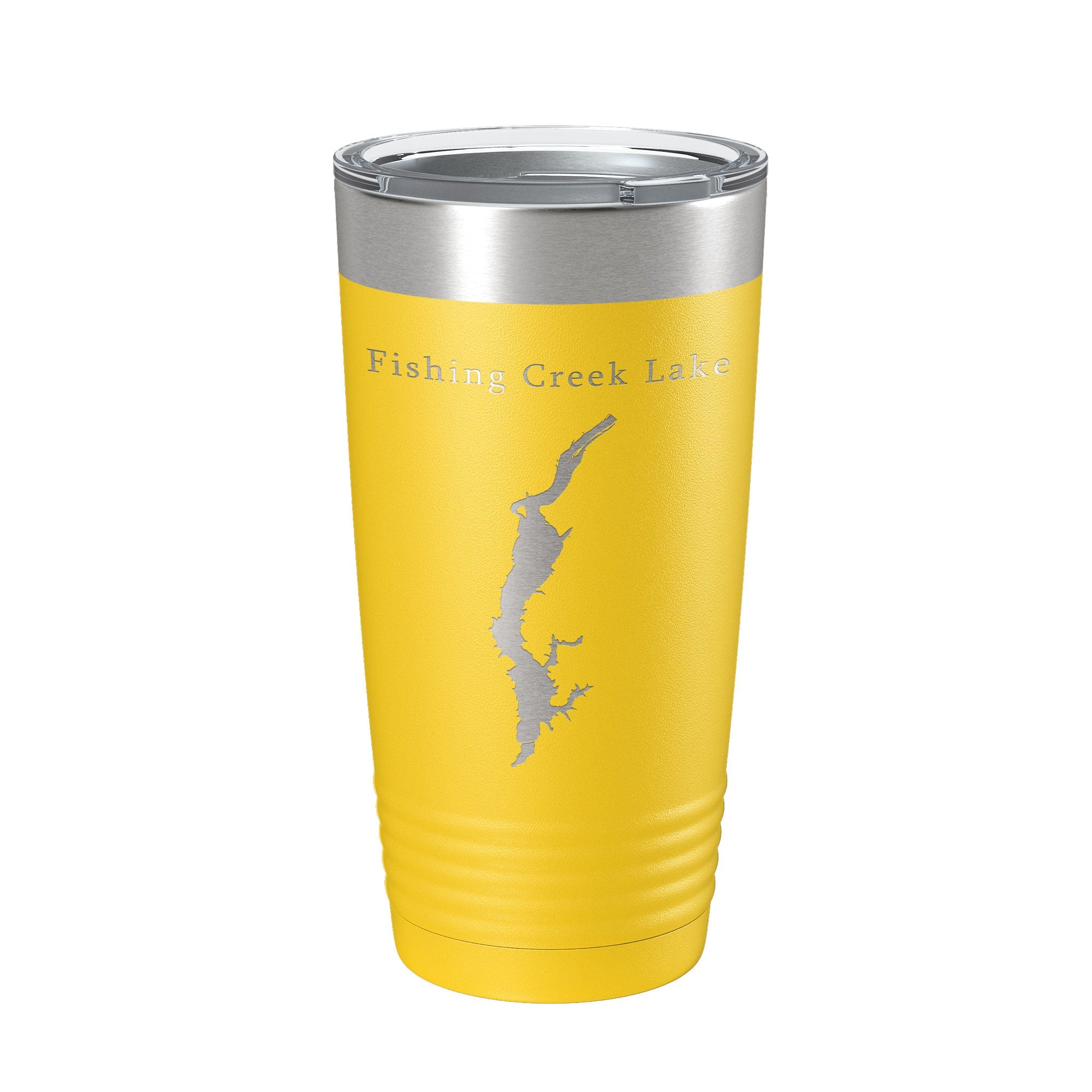 Side angle of Fishing Creek Lake Insulated Tumbler showcasing design