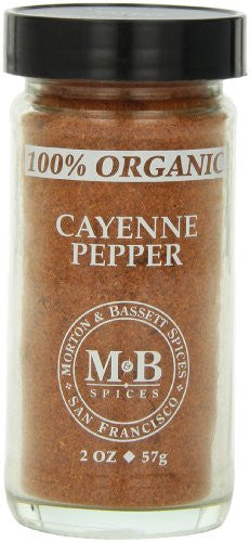 Front view of Organic Cayenne Pepper by Morton & Bassett in a glass jar