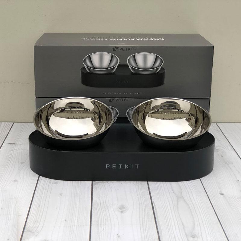 Front view of Adjustable Elevated Stainless Steel Double Bowl by Dog Hugs Cat