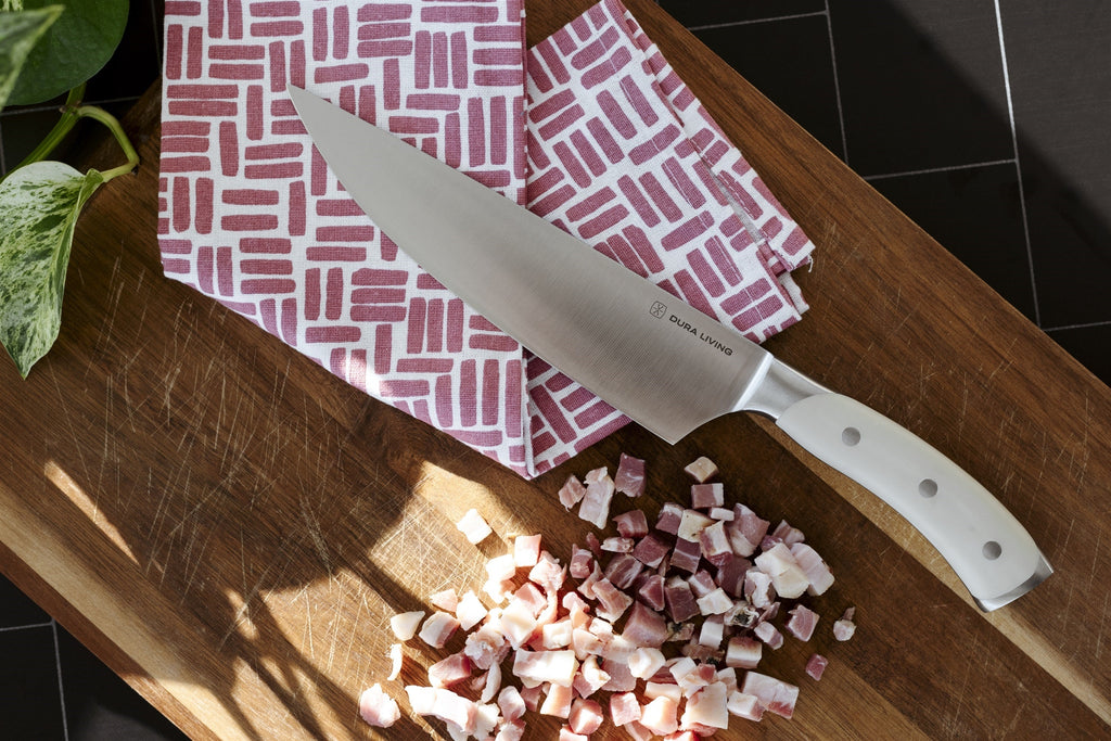 Close-up of the Dura Living Elite 8-Inch Chef Knife highlighting its sharp edge
