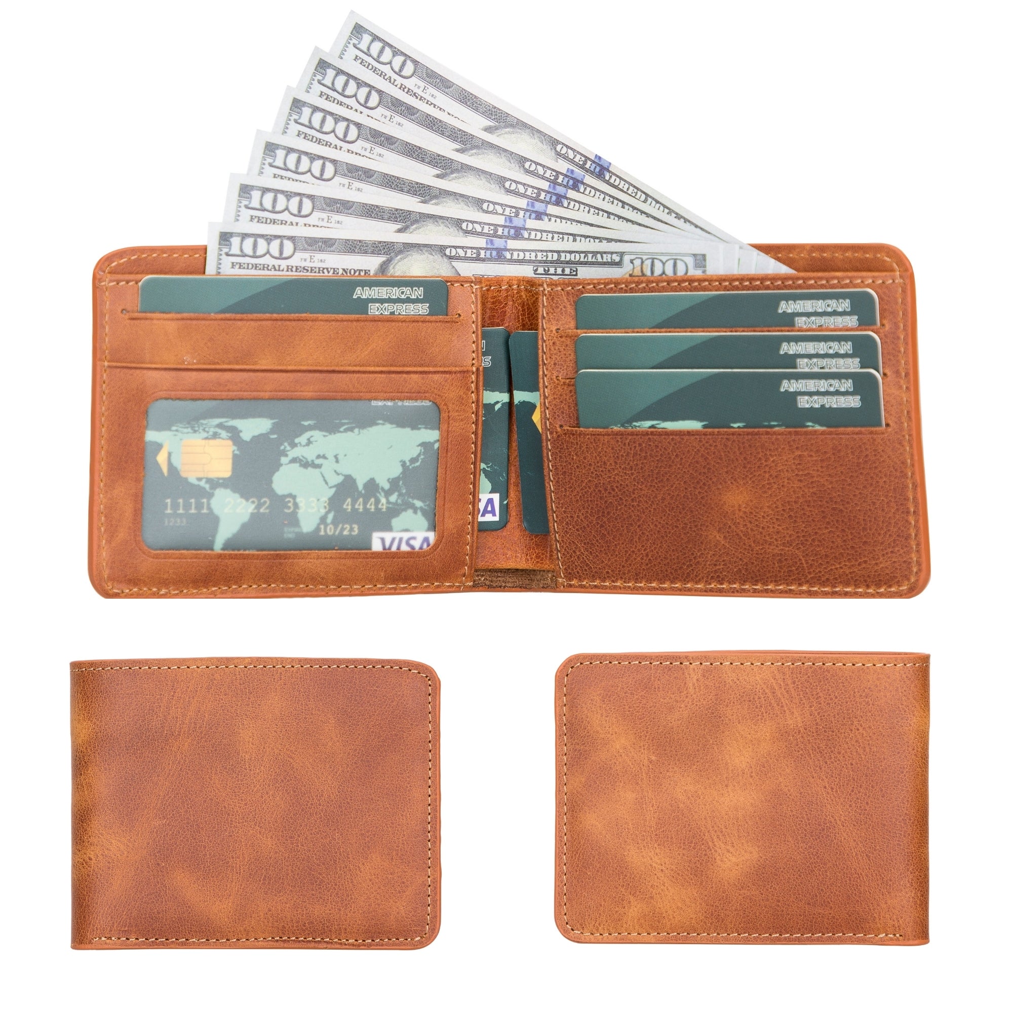 Stylish display of Premium Handmade Bifold Wallet on a wooden table