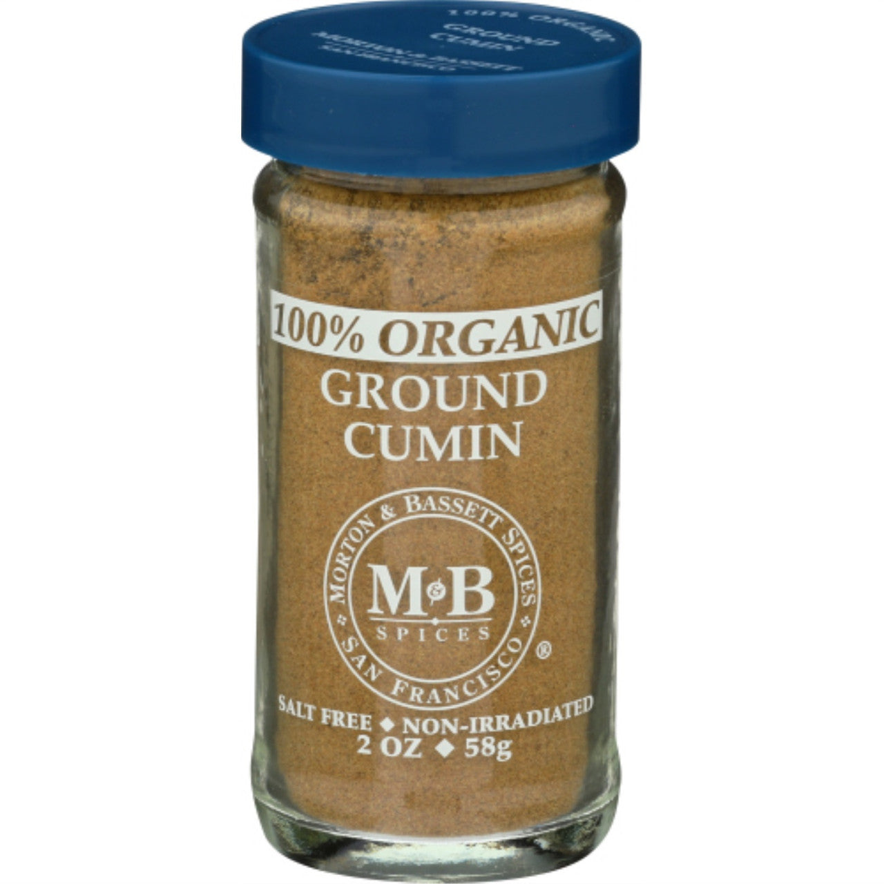Front view of Premium Organic Ground Cumin in a glass jar by Morton & Bassett