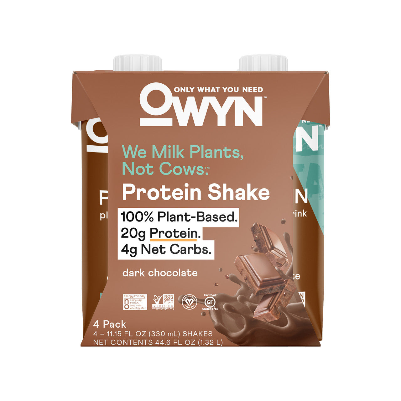 Nutritional information of OWYN Dark Chocolate Protein Drink displayed